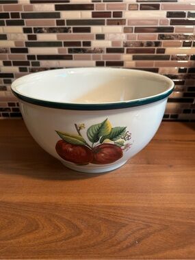 Ceramic Mixing Bowl with Red Apple Design and Teal Rim